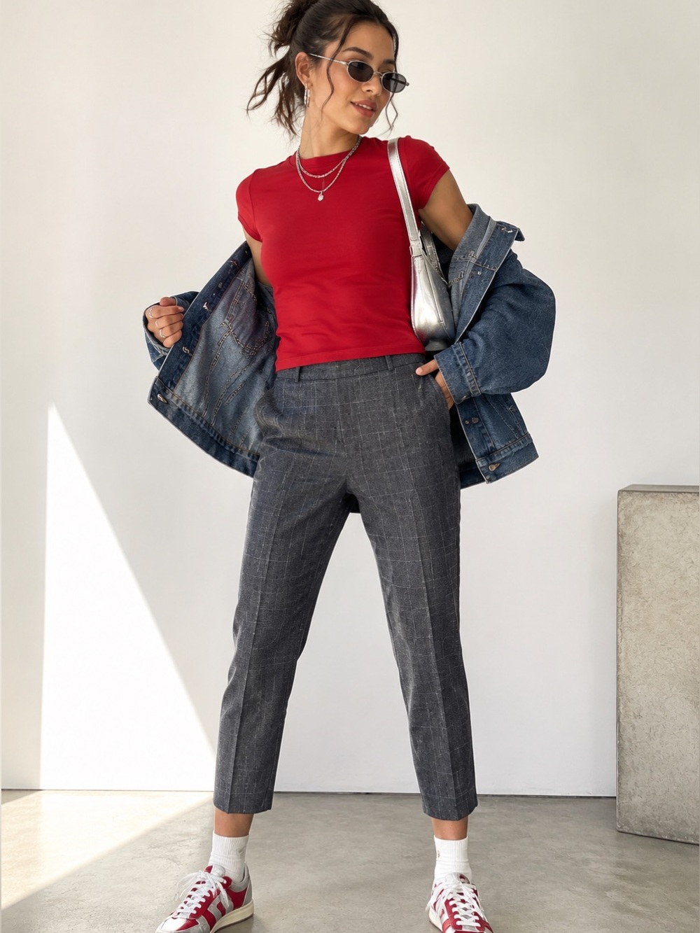 Aritzia Babaton Cohen Pant Wool Cashmere Blend Plaid Grey Size 6